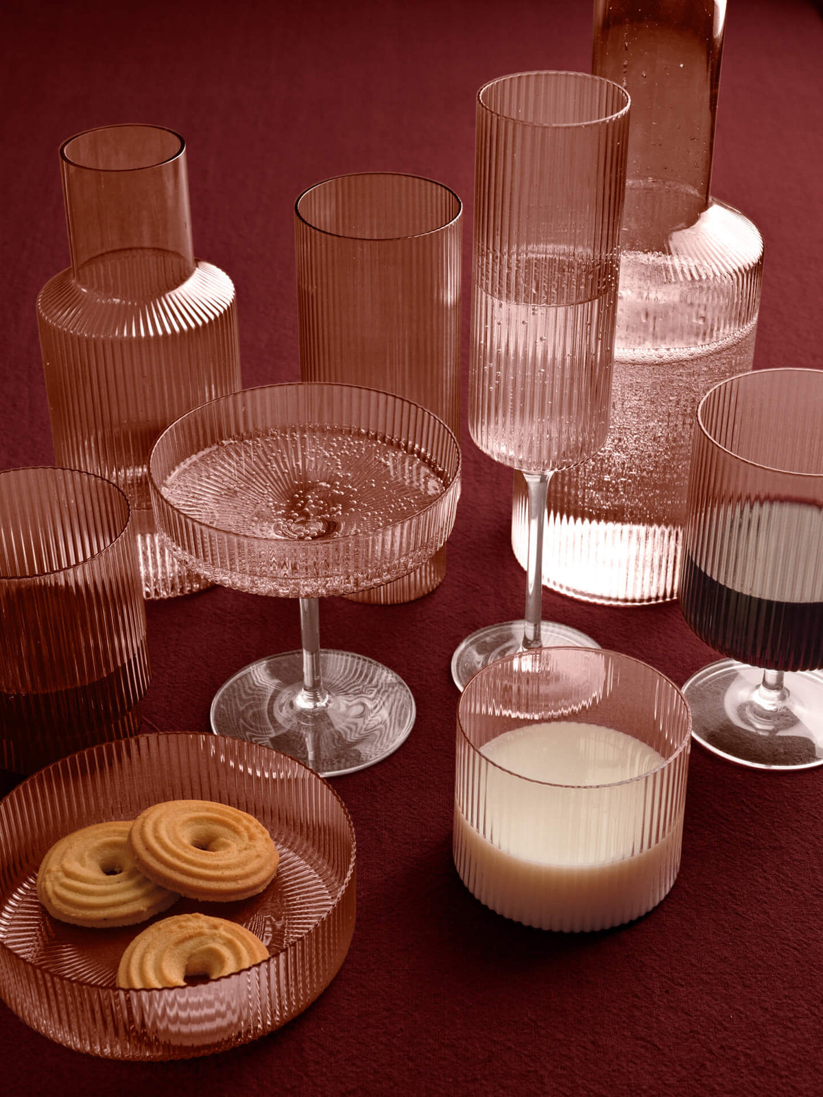 2 Ripple Pink Recycled Blown Glass Champagne Flutes - Ferm Living - The Cool Republic