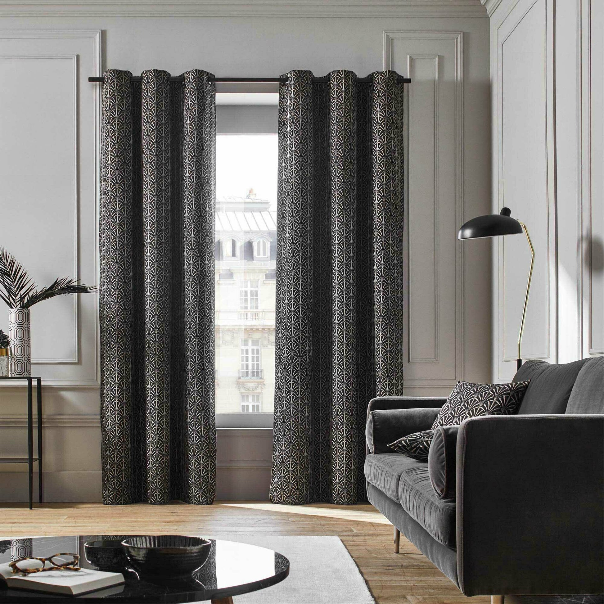 Rideau À Oeillets Noirs Doublé Ardeco Noir Et Argent - Madura — 211953.jpg