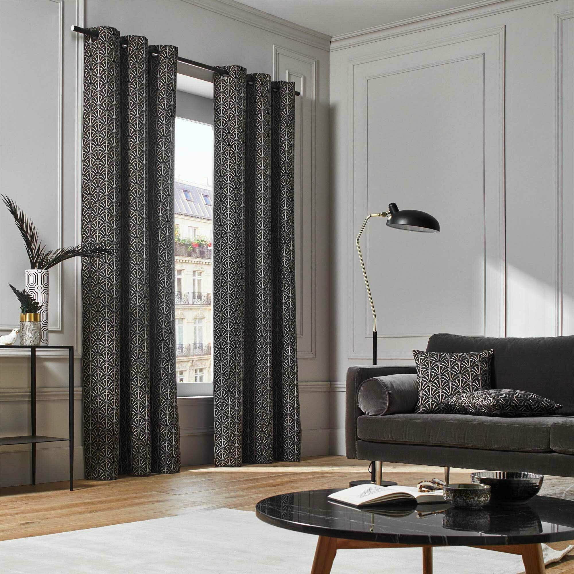 Rideau À Oeillets Noirs Doublé Ardeco Noir Et Argent - Madura — 211954.jpg
