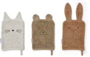 3 gants de toilette blanc et marron Sylvester - Liewood - The Cool Republic