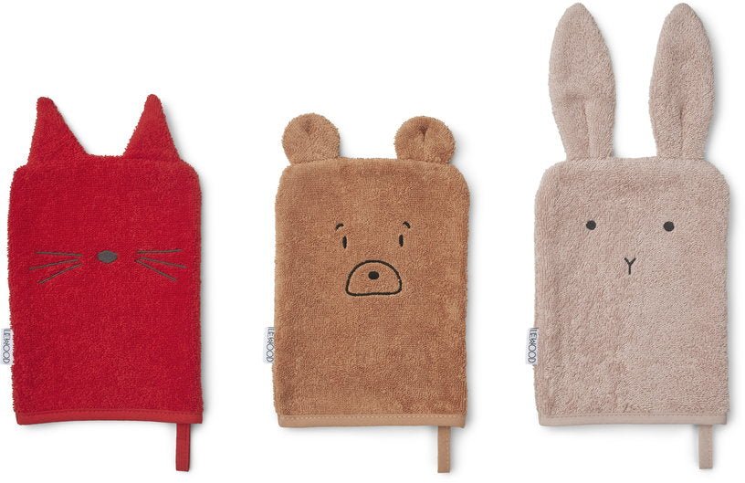 3 Gants de toilette rouge et marron Sylvester - Liewood - The Cool Republic