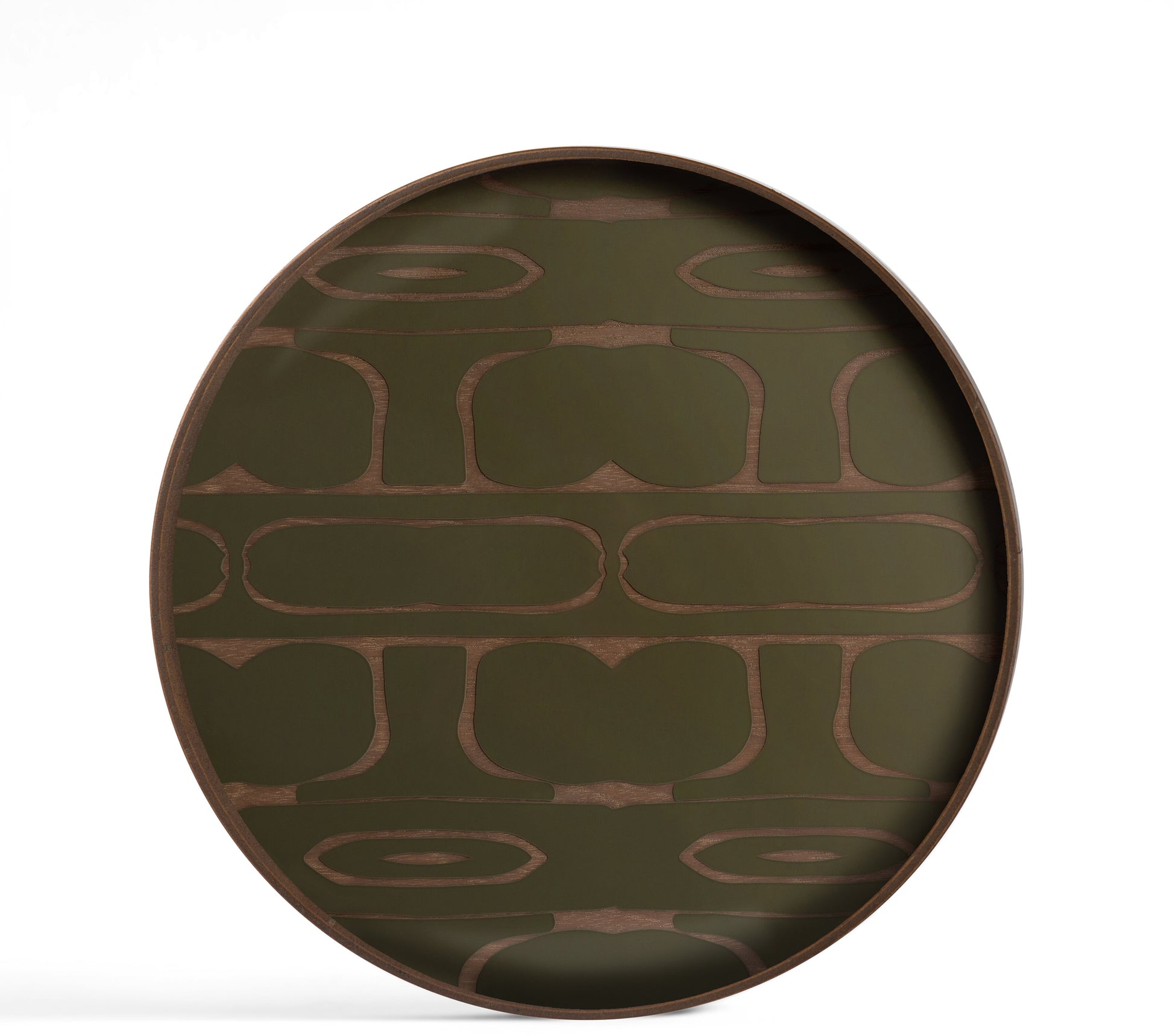 Plateau rond en verre sérigraphié vert mousse et placage teck marron 30x3cm - Ethnicraft Accessories — 358549.jpg