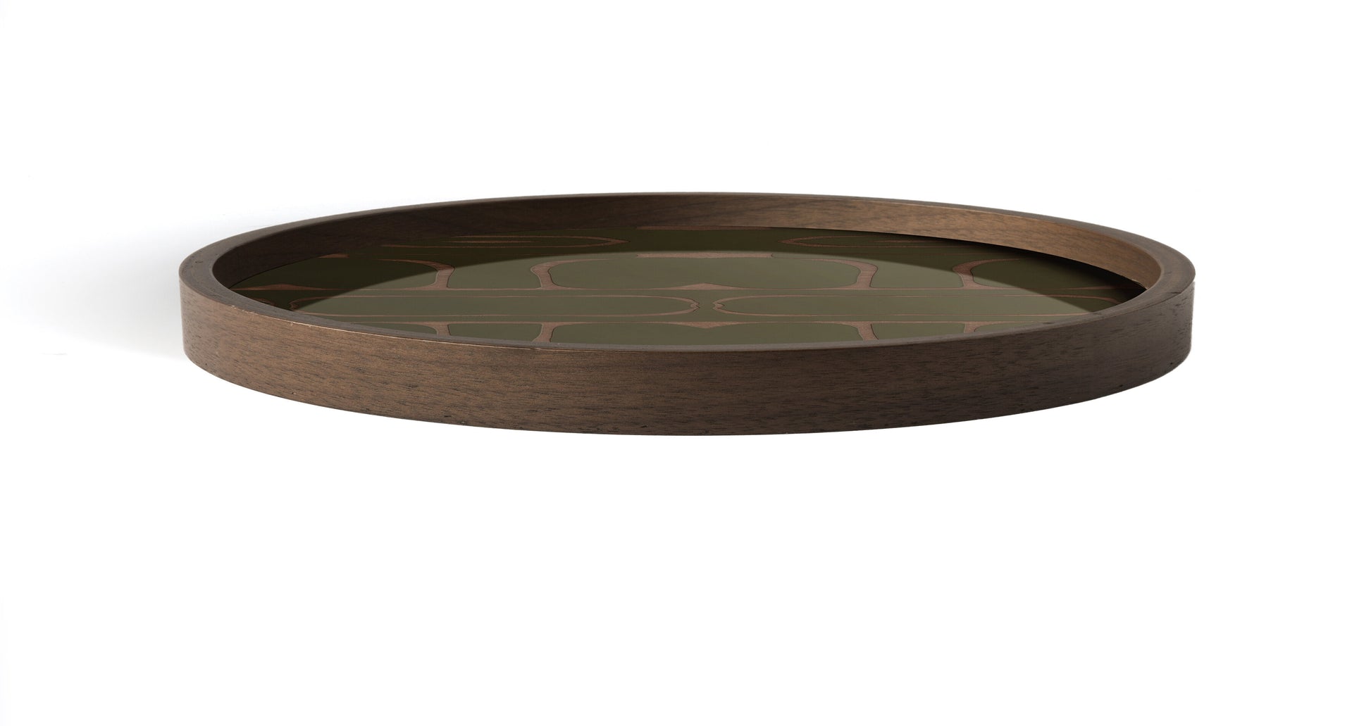 Plateau rond en verre sérigraphié vert mousse et placage teck marron 30x3cm - Ethnicraft Accessories — 358550.jpg