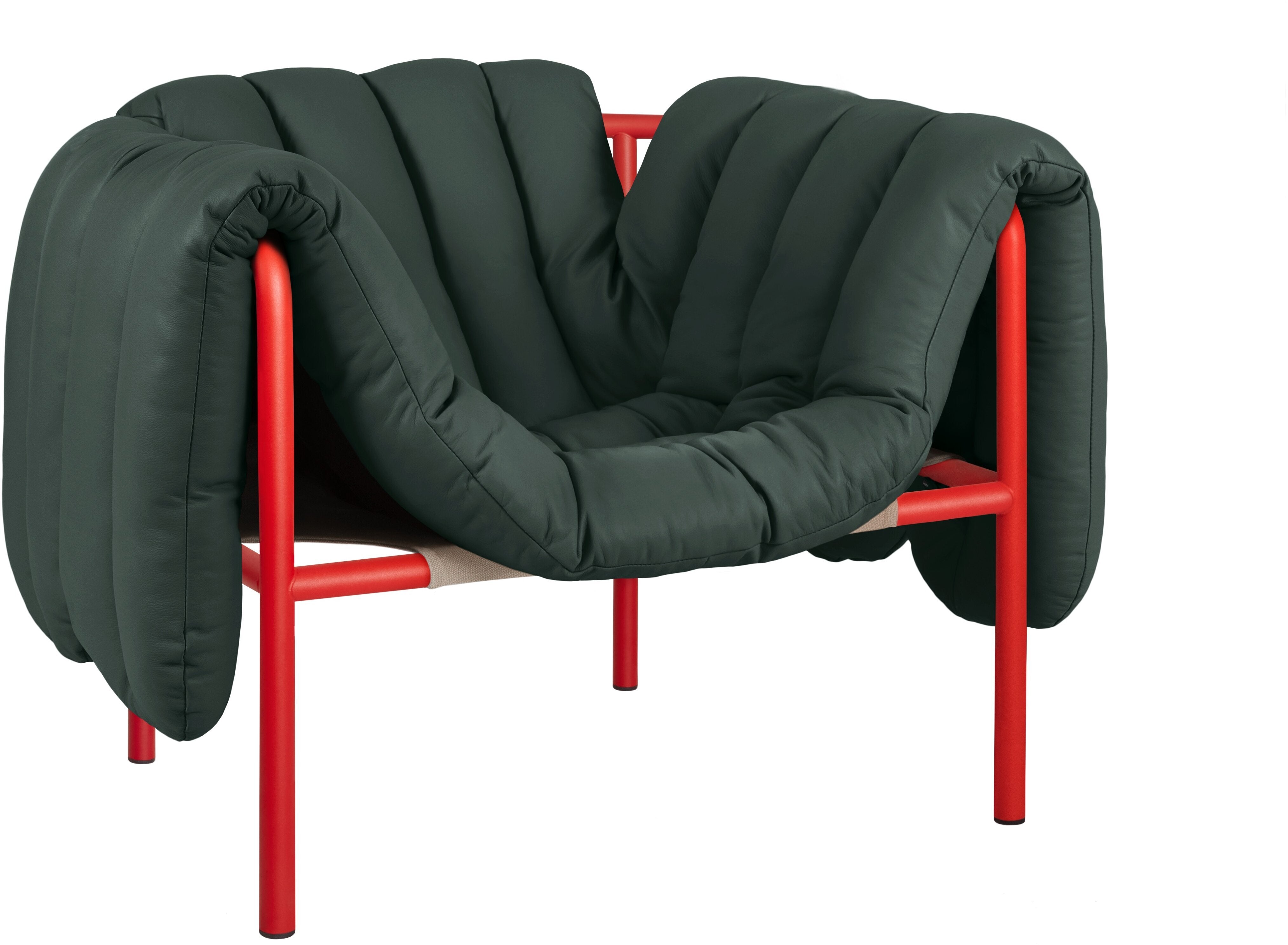 Fauteuil lounge en cuir vert foncé et acier rouge Puffy - Hem — 373970.jpg