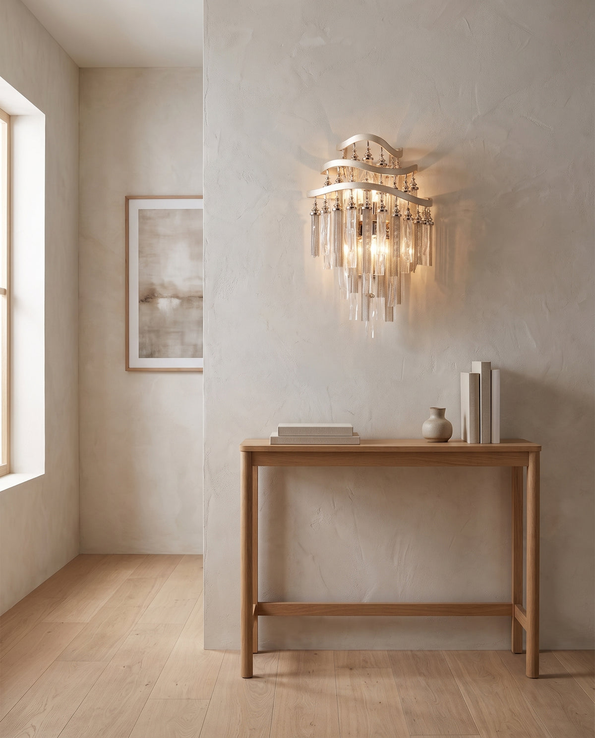 Applique murale en fer feuille d'argent chaude 32x45cm Chimera - Corbett Lighting en situation