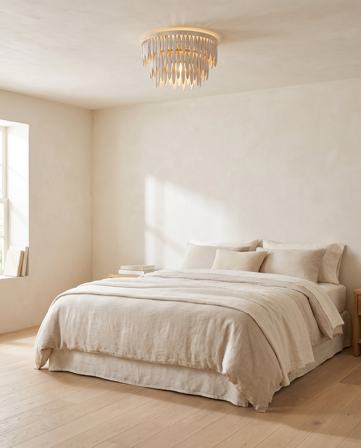 Semi-flush ceiling light in aged brass steel and textured cream 46x30cm Tiffany - Mitzi en situation