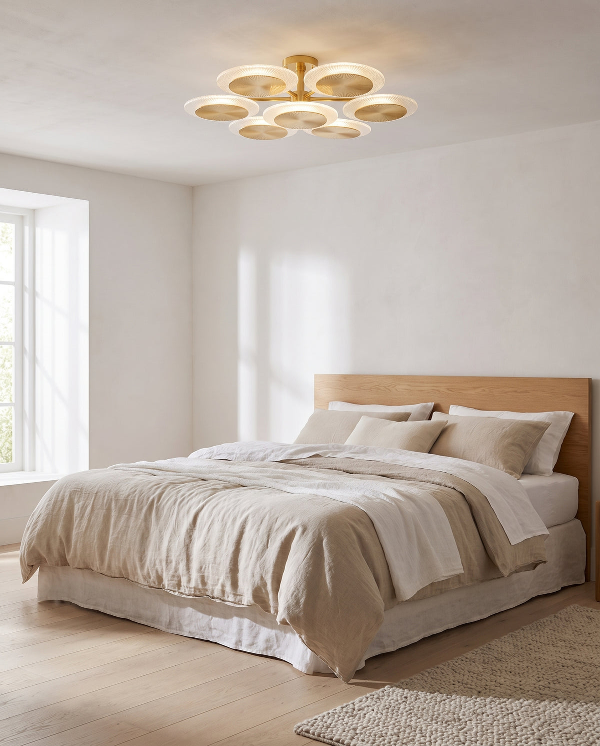 Plafonnier en acier laiton poli ancien 96x26cm Topaz - Corbett Lighting en situation