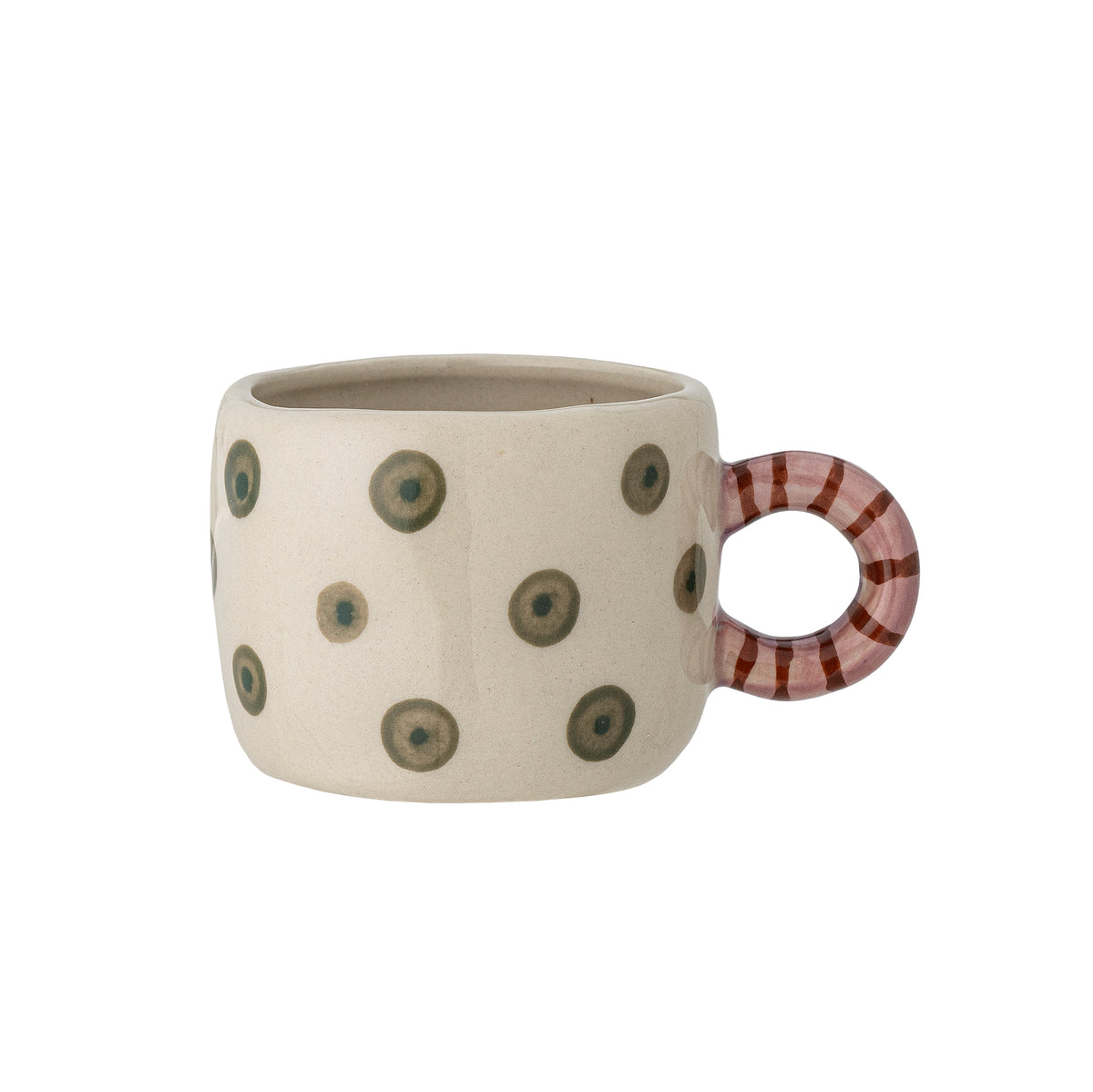 Stoneware mug beige with green dots and red-pink stripes 6.5x5.5cm Nini - Bloomingville