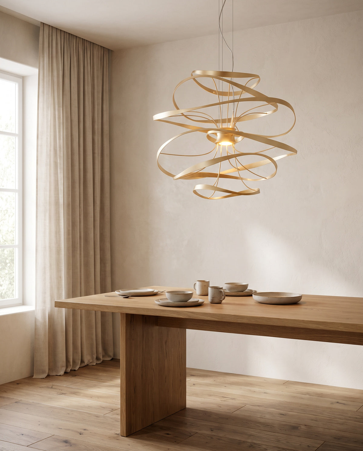 Suspension en fer feuille d'or et acier poli 80cm Calligraphy - Corbett Lighting en situation