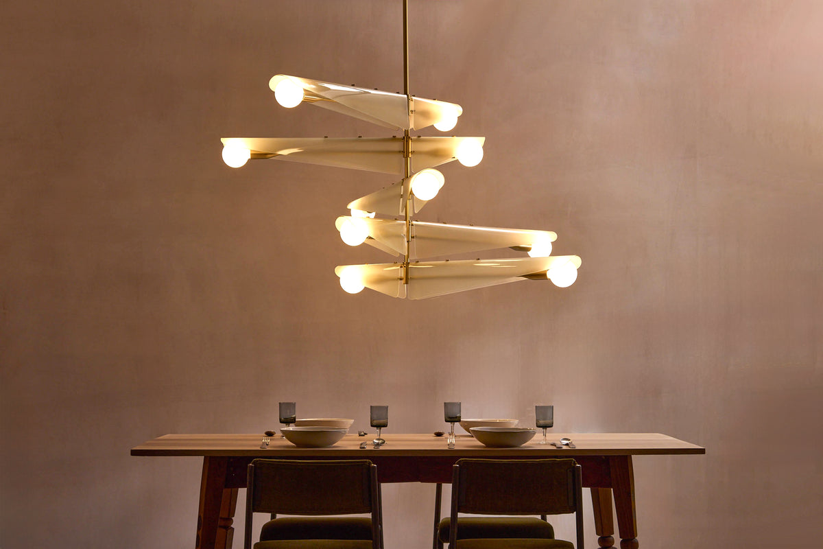 5-level brass and glass twilight pink Sycamore chandelier - Tala