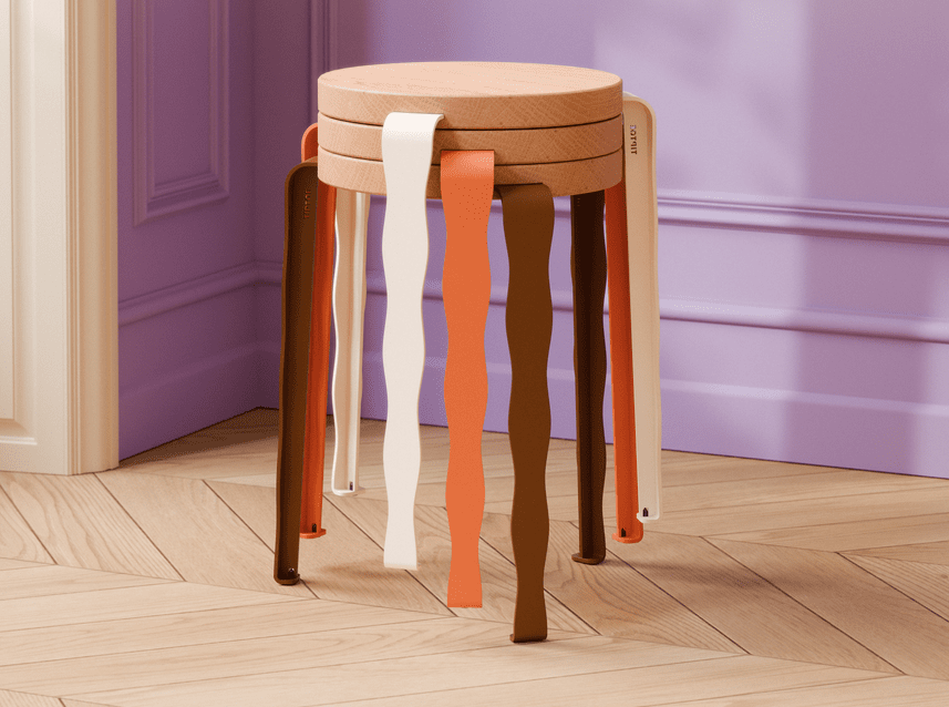 Hocker aus dunkler Eiche und rotem Stahl tangerine Lou - TIPTOE