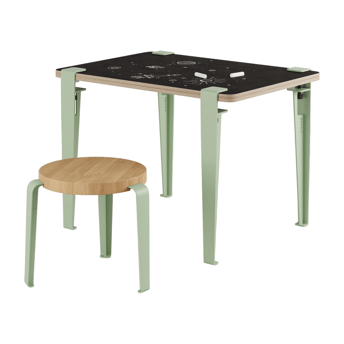 Bureau child white and green slate 70 x 50 cm Vice Versa and green oak stool Mini Lou - Tiptoe - The Cool Republic