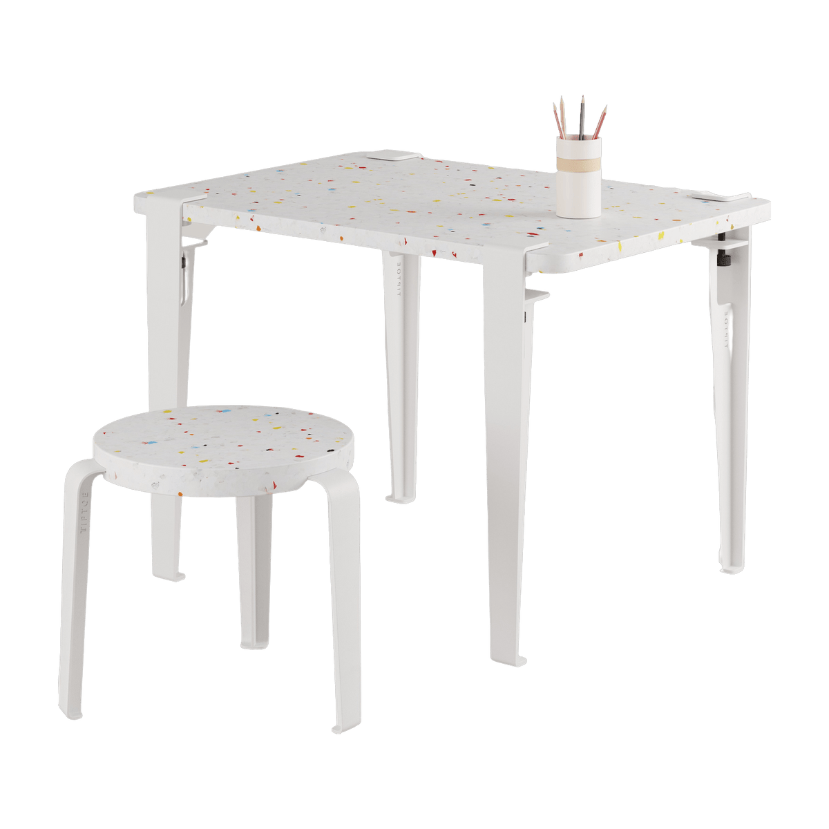 Bureau child's recycled plastic 70 x 50 cm white Tutti Frutti and white stool Mini Lou - Tiptoe - The Cool Republic