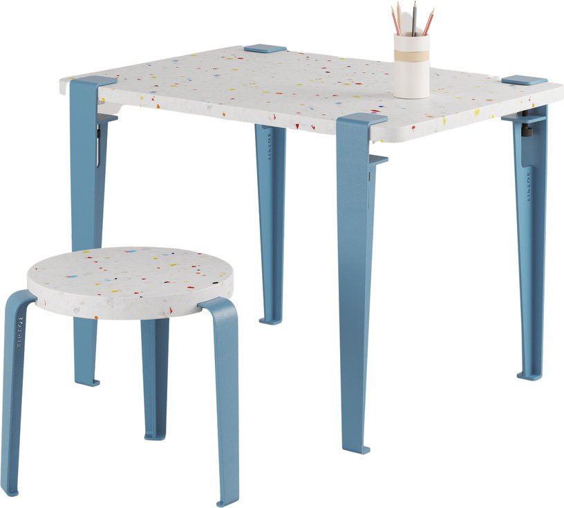 Bureau enfant plastique recyclé 70 x 50 cm bleu Tutti Frutti et tabouret bleu Mini Lou - Tiptoe - The Cool Republic
