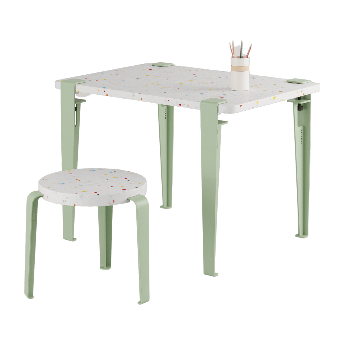 Bureau enfant plastique recyclé 70 x 50 cm vert Tutti Frutti et tabouret vert Mini Lou - Tiptoe - The Cool Republic