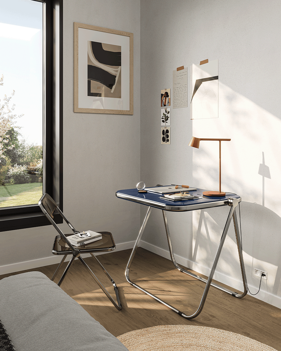 Bureau pliable en acier bleu opaque mat et chrome 83 x 65 x 73 cm Platone - Anonima Castelli - The Cool Republic
