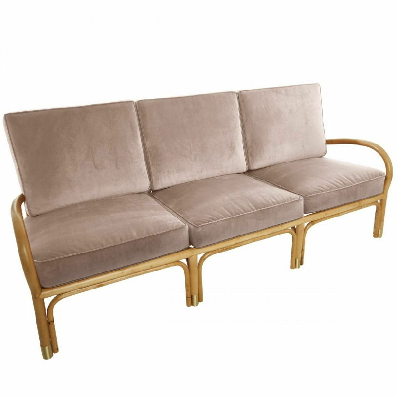 Canapé 3 places en rotin coussins velours beige rosé Riviera - KOK - The Cool Republic