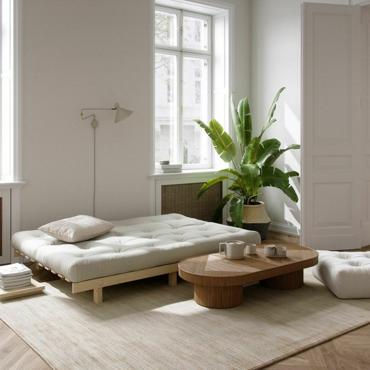 Canapé convertible en bois de pin et matelas vert olive 100x190cm Lean - Karup Design - The Cool Republic