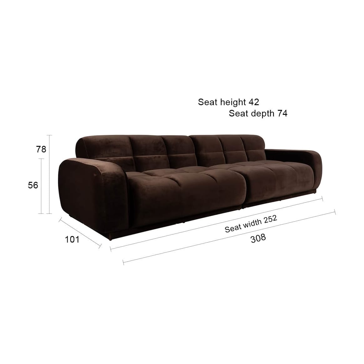 Canapé droit 4,5 places en velours marron 308x78cm Hazel - Zuiver — vue 8