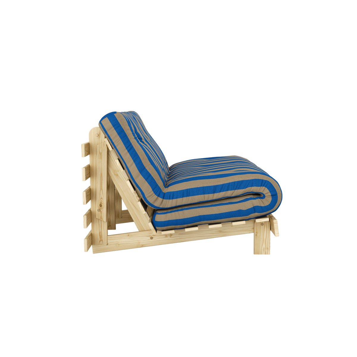 Canapé-lit en pin massif avec matelas rayé bleu et marron 90x200cm Raw roots - Karup Design - The Cool Republic
