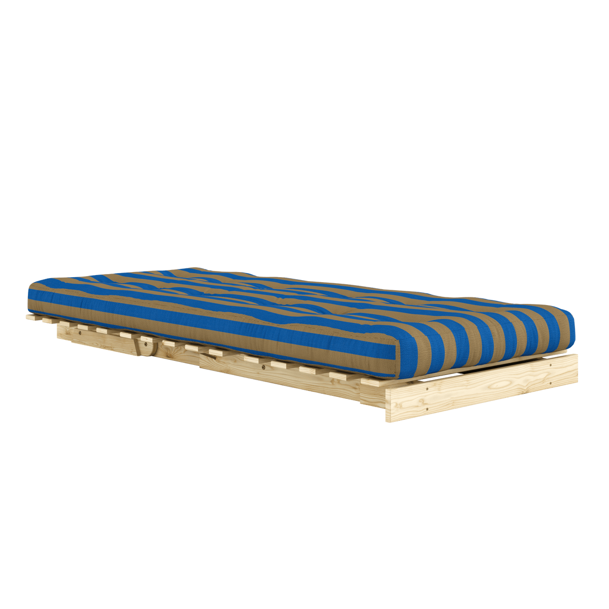 Canapé-lit en pin massif avec matelas rayé bleu et marron 90x200cm Raw roots - Karup Design - The Cool Republic
