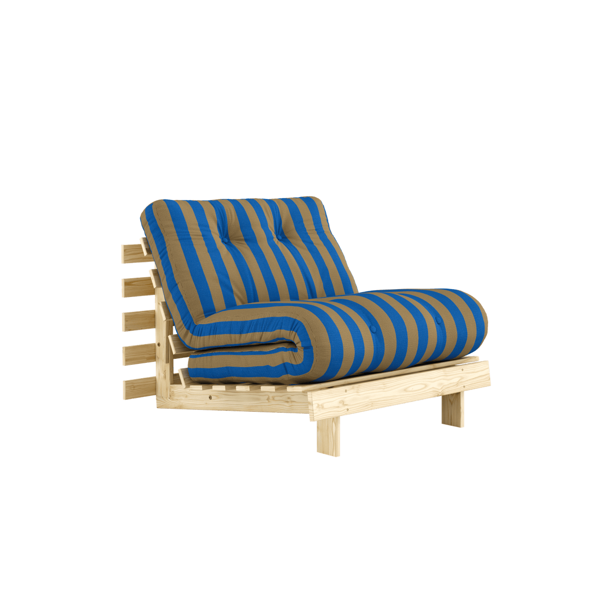 Canapé-lit en pin massif avec matelas rayé bleu et marron 90x200cm Raw roots - Karup Design - The Cool Republic