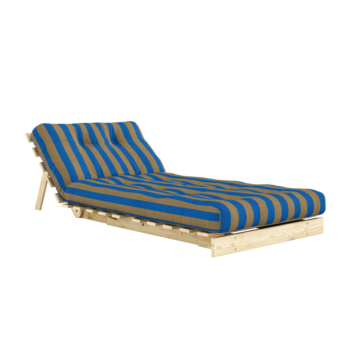 Canapé-lit en pin massif avec matelas rayé bleu et marron 90x200cm Raw roots - Karup Design - The Cool Republic