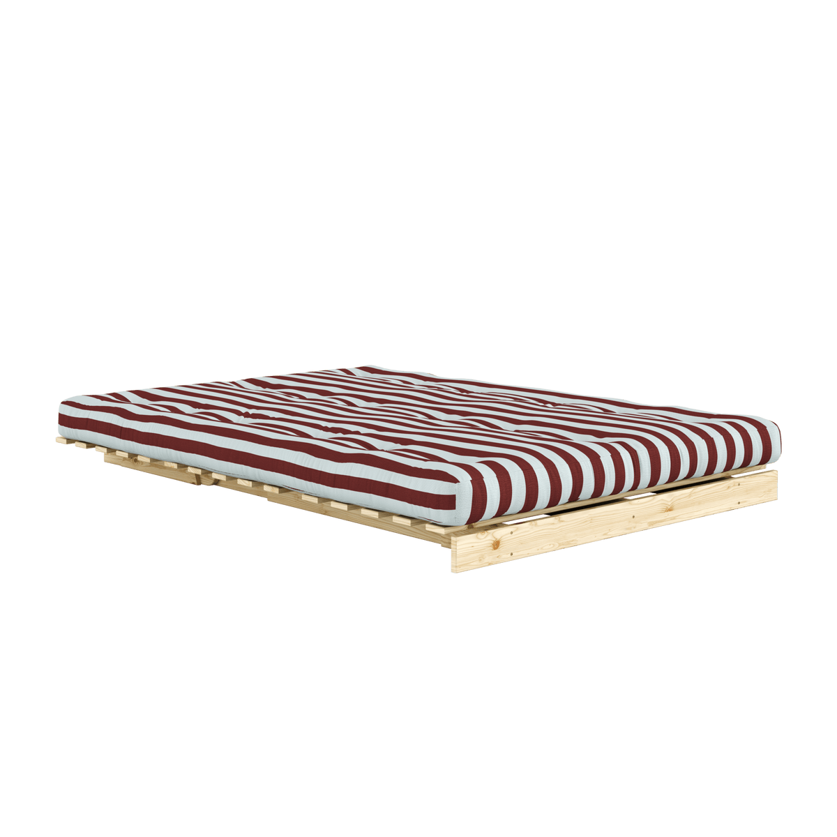 Canapé-lit en pin massif avec matelas rayé bordeaux et bleu clair 140x200cm Raw roots - Karup Design - The Cool Republic