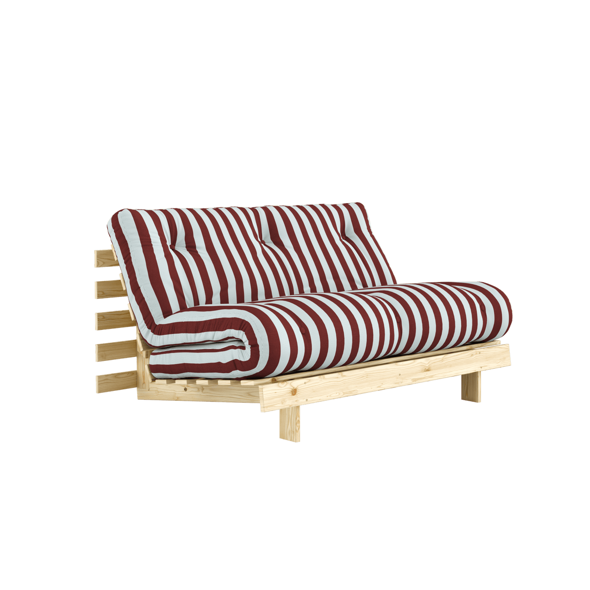 Canapé-lit en pin massif avec matelas rayé bordeaux et bleu clair 140x200cm Raw roots - Karup Design - The Cool Republic