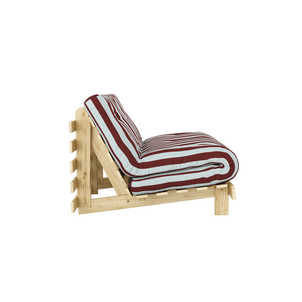 Canapé-lit en pin massif avec matelas rayé bordeaux et bleu clair 140x200cm Raw roots - Karup Design - The Cool Republic