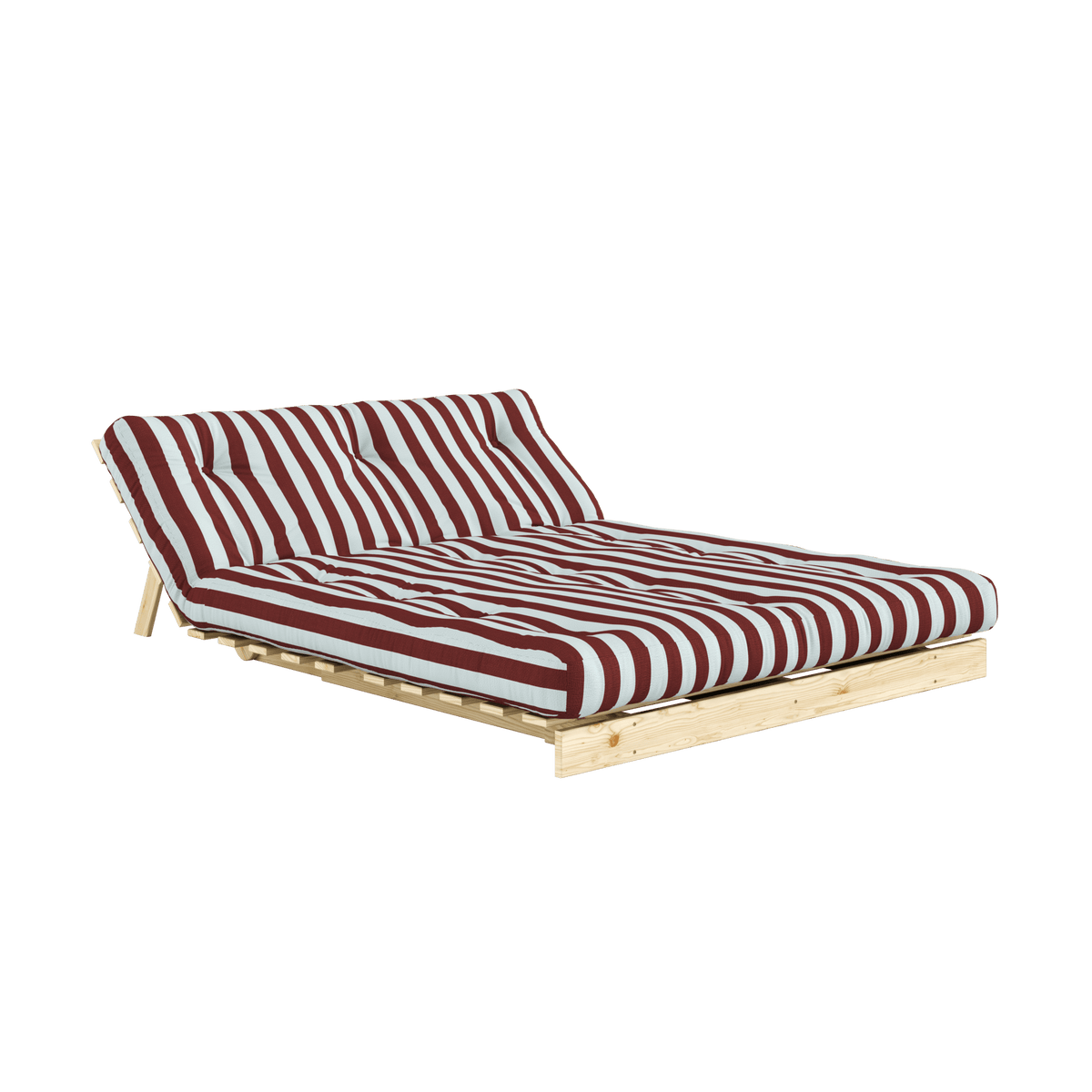 Canapé-lit en pin massif avec matelas rayé bordeaux et bleu clair 140x200cm Raw roots - Karup Design - The Cool Republic
