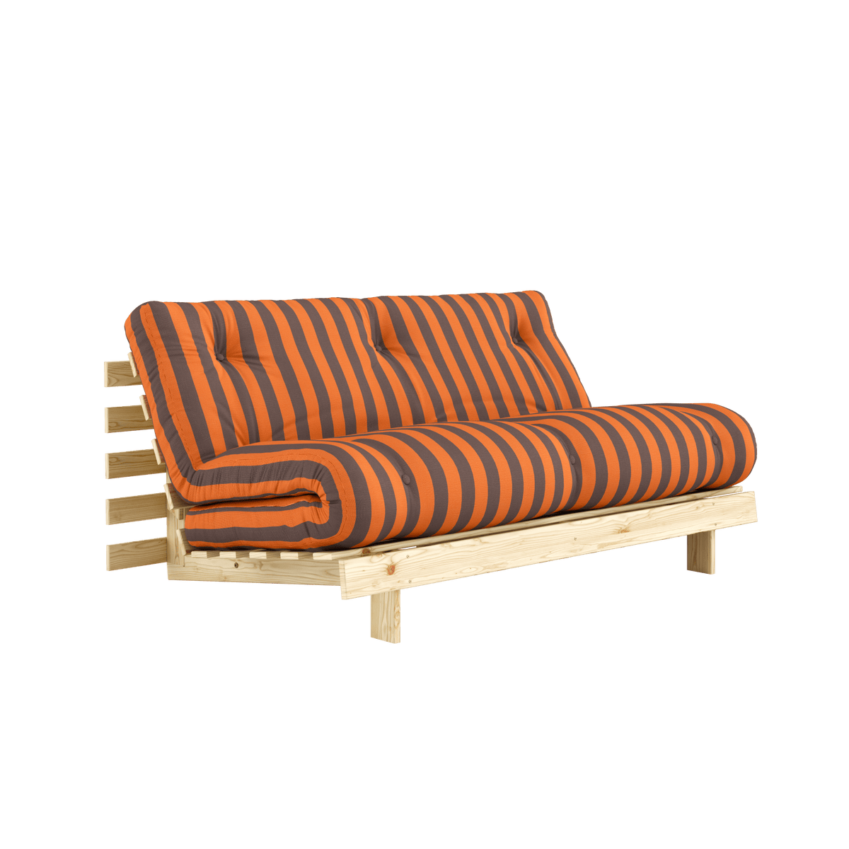 Canapé-lit en pin massif avec matelas rayé bordeaux et bleu clair 160x200cm Raw roots - Karup Design - The Cool Republic