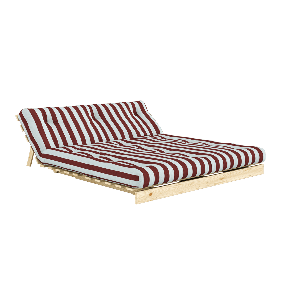 Canapé-lit en pin massif avec matelas rayé bordeaux et bleu clair 160x200cm Raw roots - Karup Design - The Cool Republic