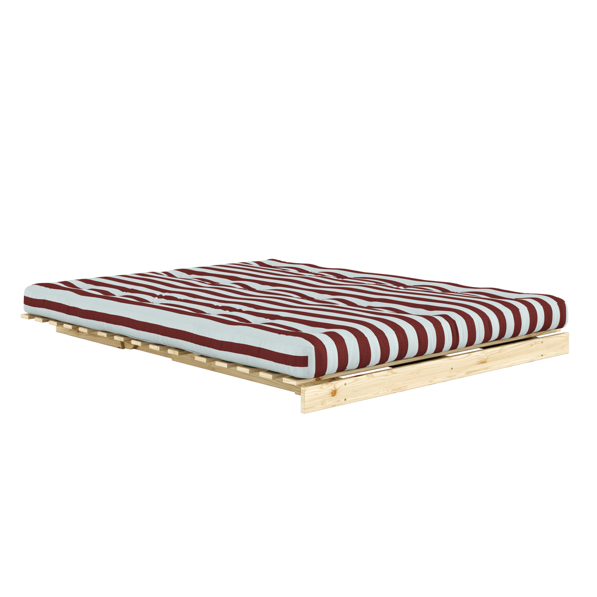 Canapé-lit en pin massif avec matelas rayé bordeaux et bleu clair 160x200cm Raw roots - Karup Design - The Cool Republic