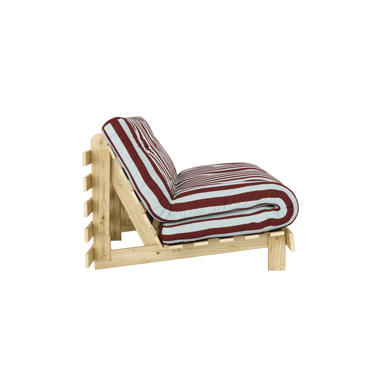Canapé-lit en pin massif avec matelas rayé bordeaux et bleu clair 160x200cm Raw roots - Karup Design - The Cool Republic