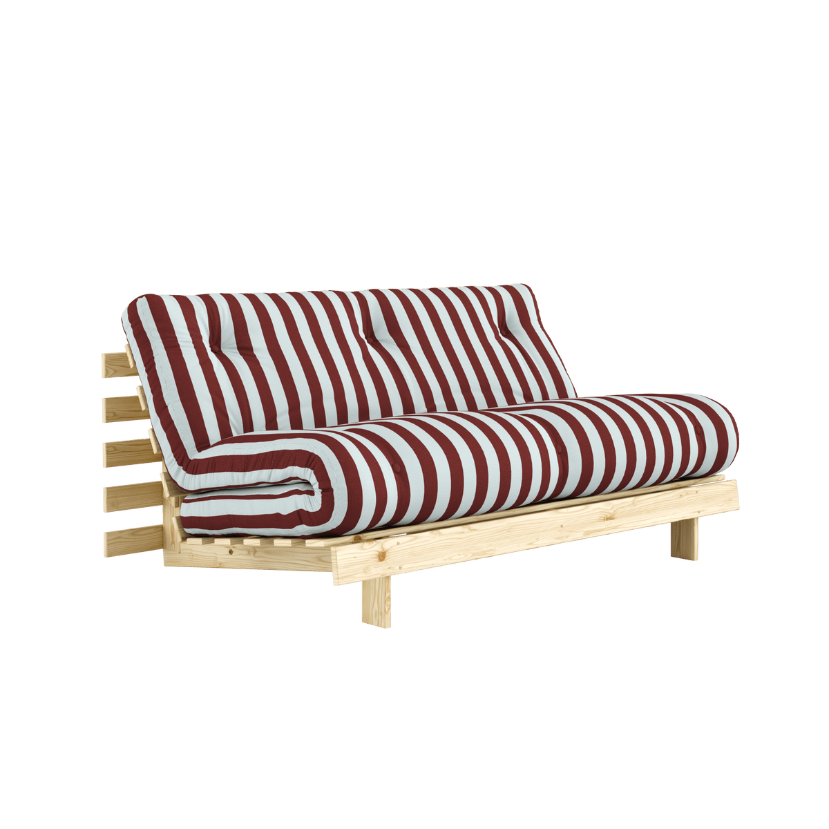 Canapé-lit en pin massif avec matelas rayé bordeaux et bleu clair 160x200cm Raw roots - Karup Design - The Cool Republic