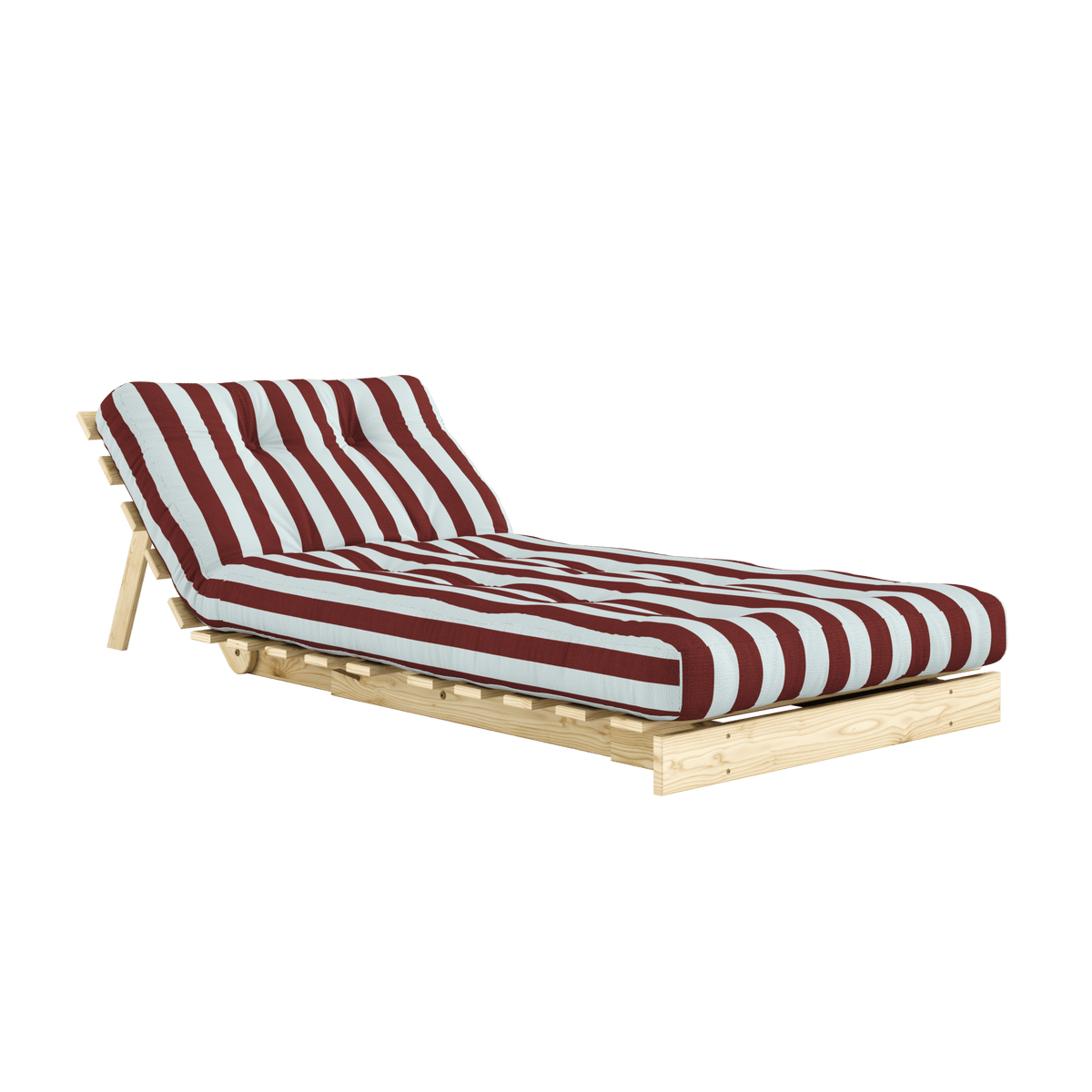 Canapé-lit en pin massif avec matelas rayé bordeaux et bleu clair 90x200cm Raw roots - Karup Design - The Cool Republic