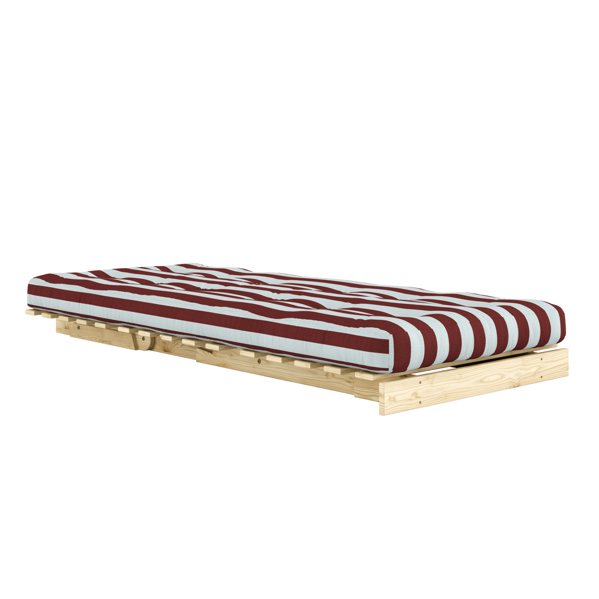 Canapé-lit en pin massif avec matelas rayé bordeaux et bleu clair 90x200cm Raw roots - Karup Design - The Cool Republic