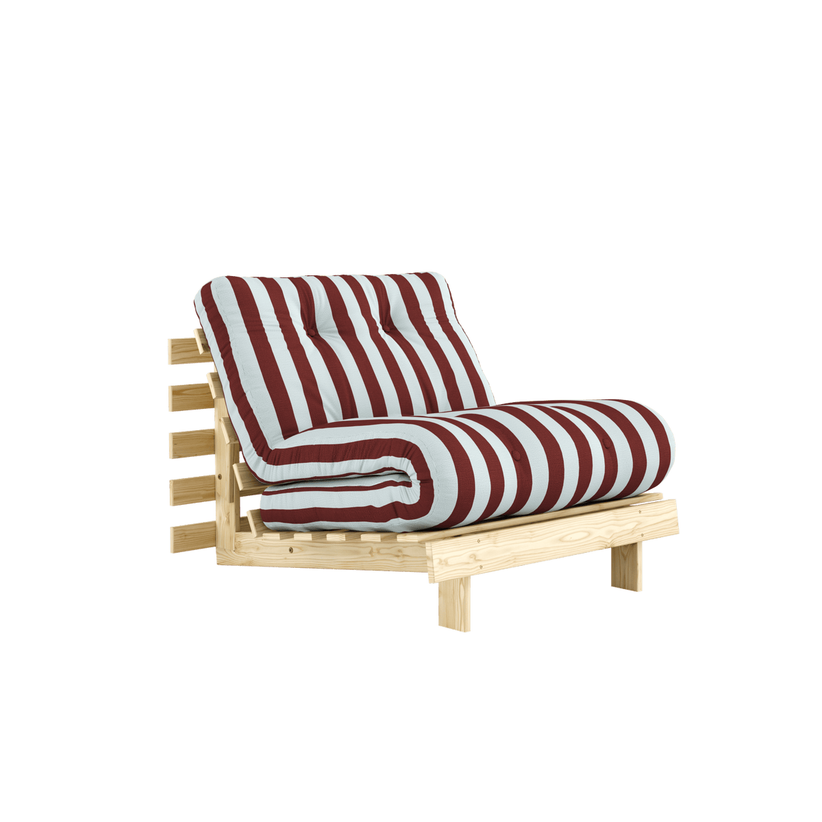 Canapé-lit en pin massif avec matelas rayé bordeaux et bleu clair 90x200cm Raw roots - Karup Design - The Cool Republic