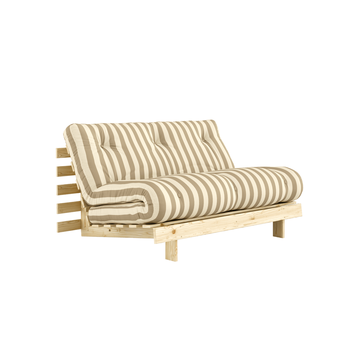 Canapé-lit en pin massif avec matelas rayé crème et sable 140x200cm Raw roots - Karup Design - The Cool Republic