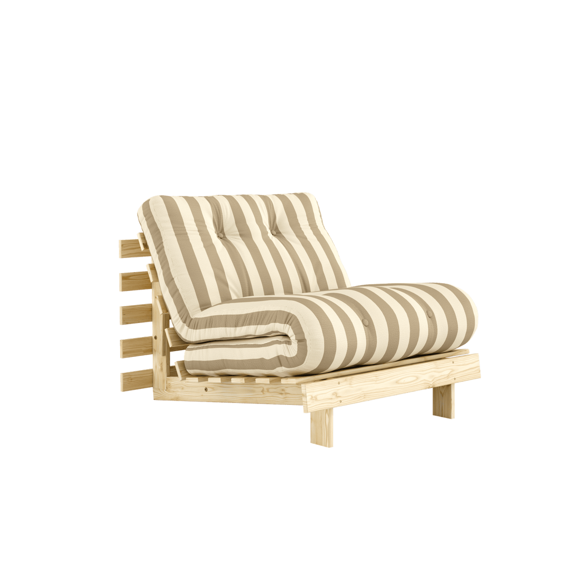 Canapé-lit en pin massif avec matelas rayé crème et taupe 90x200cm Raw roots - Karup Design - The Cool Republic
