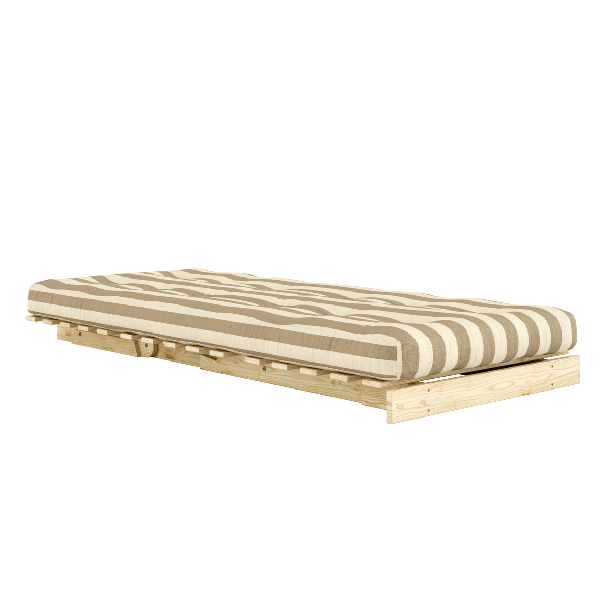 Canapé-lit en pin massif avec matelas rayé crème et taupe 90x200cm Raw roots - Karup Design - The Cool Republic