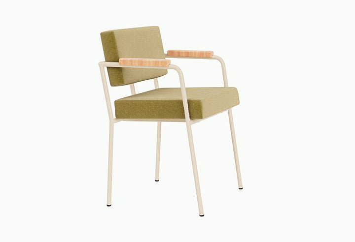 Chaise de salle à manger avec accoudoirs en acier beige et tissu vert pistache Monday - Fest Amsterdam - The Cool Republic
