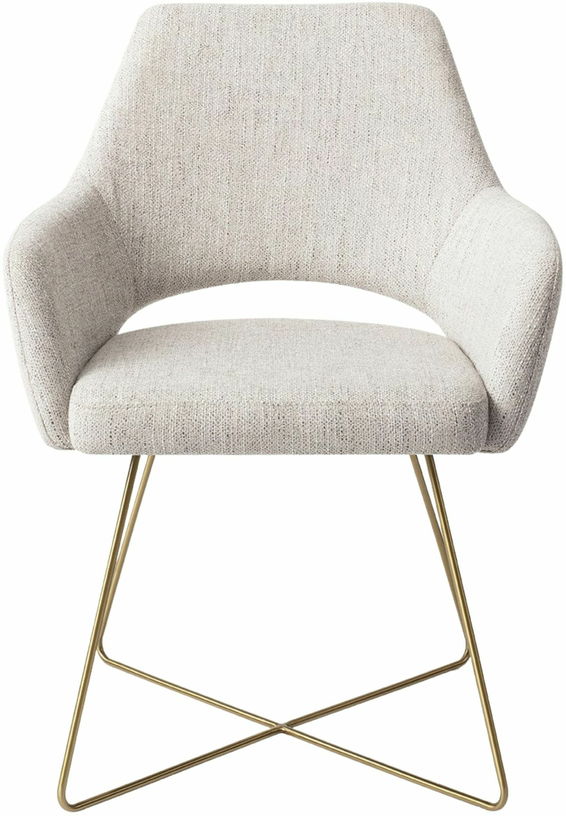Chaise en tissu gris pigeon avec pieds croisés en métal doré Yanai - Jesper Home - The Cool Republic