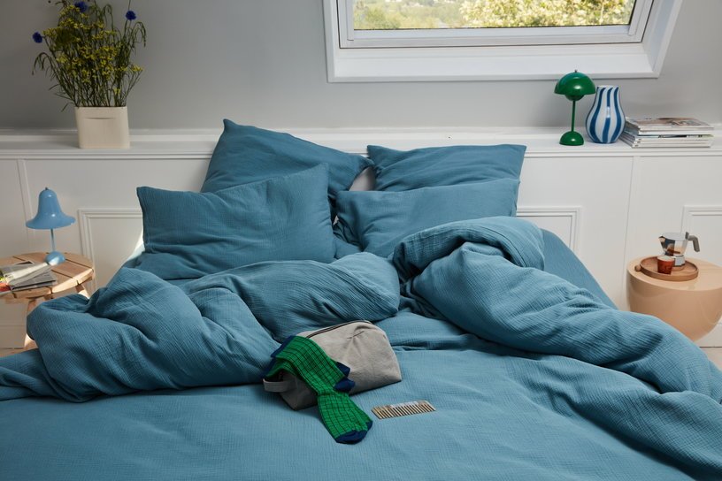 Drap housse en gaze de coton bleu 180 x 200 cm - The Cool Republic - The Cool Republic