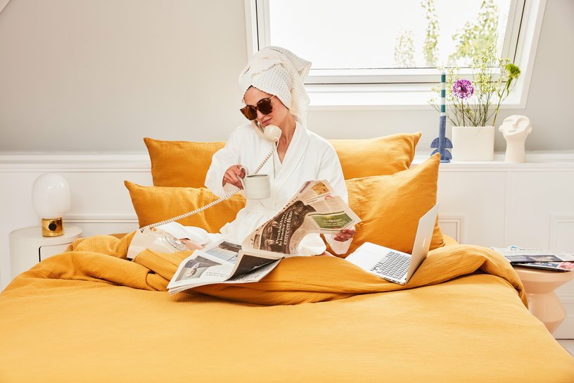 Drap housse en gaze de coton moutarde 180 x 200 cm - The Cool Republic - The Cool Republic