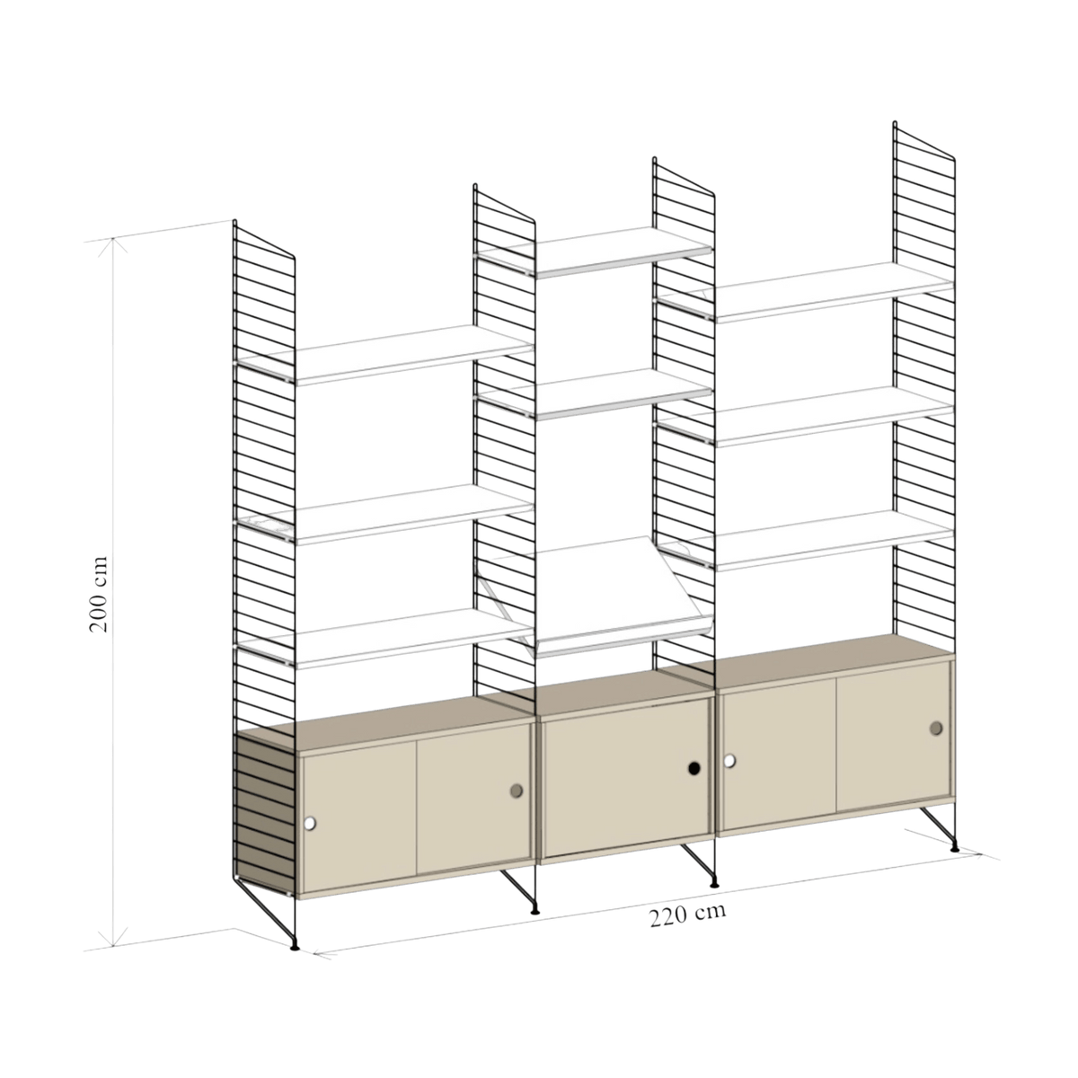 Etagère avec caissons et étagères en bois massif 220x200cm - String furniture - The Cool Republic