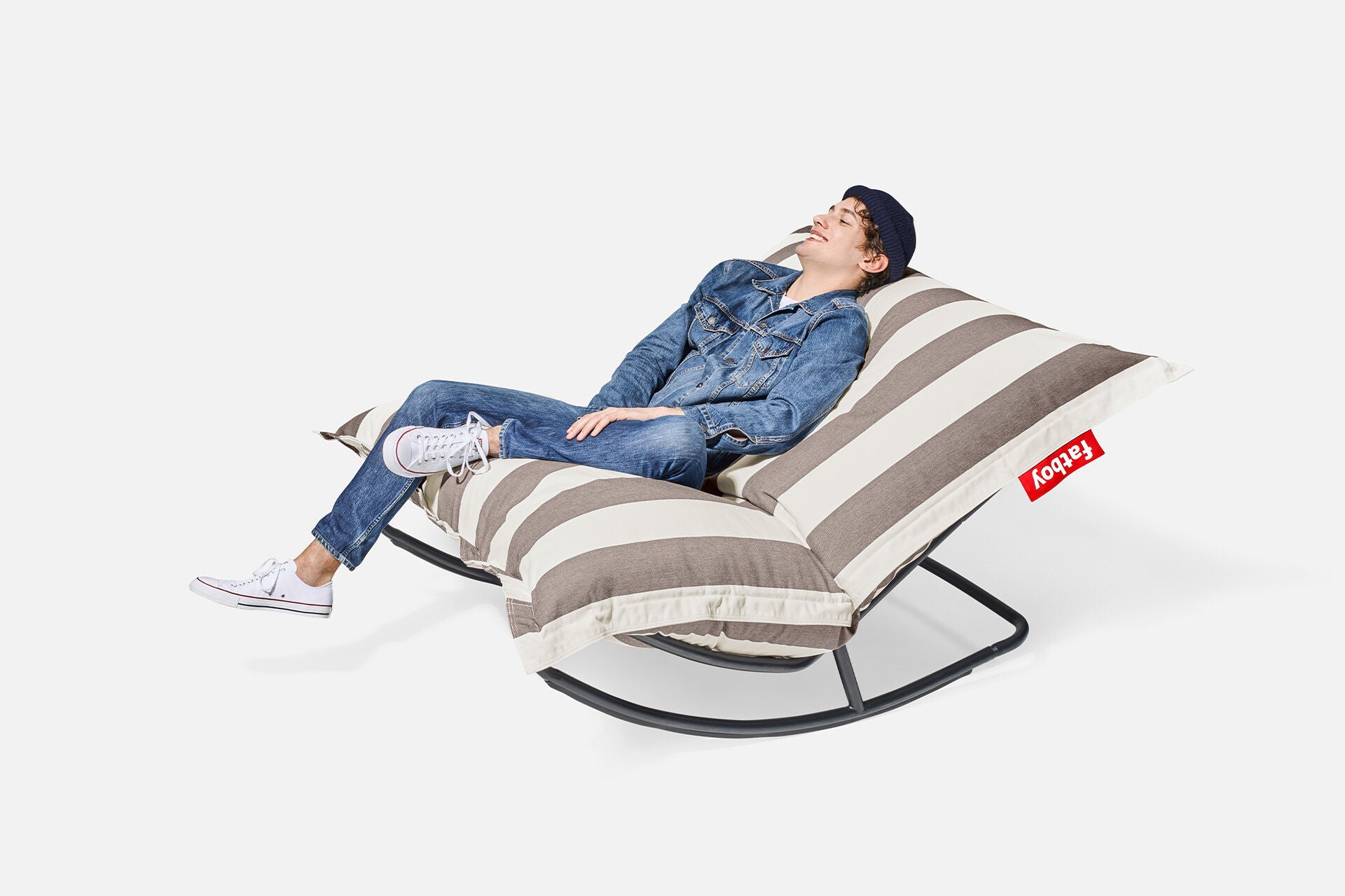 Fauteuil à bascule extérieur en métal noir avec coussin rayé marron cacao crème Rock 'n Roll Combi - Fatboy