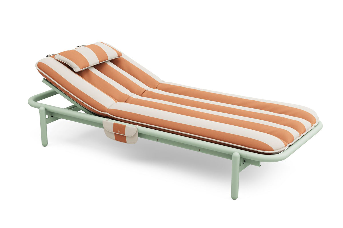 Transat en aluminium vert avec son matelas rayé orange 212x97x39cm Sunbud - Fatboy