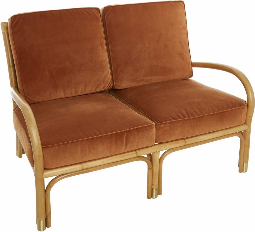 Fauteuil deux places en rotin avec coussin de velours couleur ocre 123 x 80 x 80 Riviera - KOK - The Cool Republic